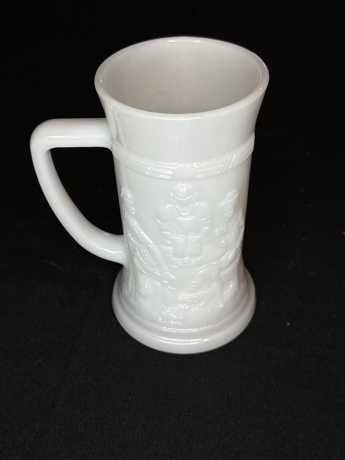 Vintage White Milk Glass 6" Stein/Beer Mug - Embossed Tavern Scene Barware