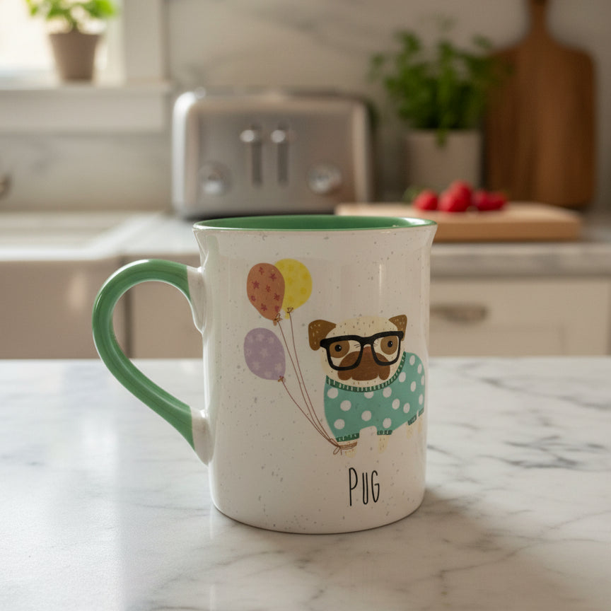 Love Your Mug Pug Green Balloons Coffee Mug Cup 4.25" Tall
