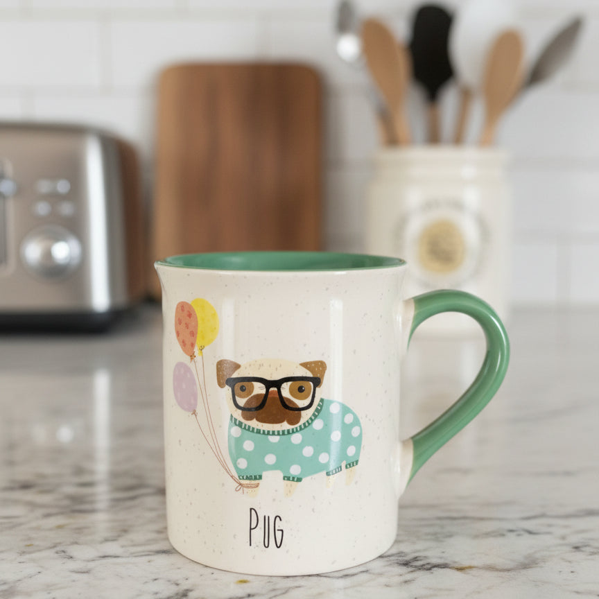 Love Your Mug Pug Green Balloons Coffee Mug Cup 4.25" Tall