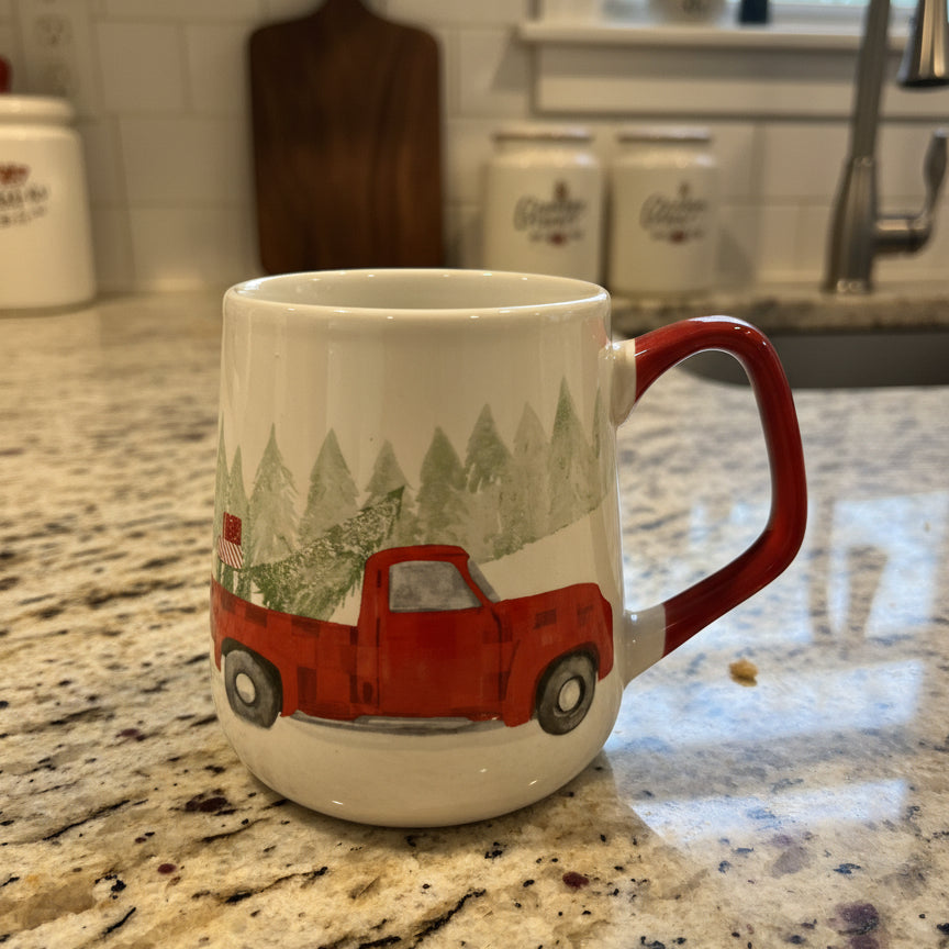 Christmas Coffee Mug Cup Red Truck Holiday Camper Pine Tree Large Cup 4 3/8" Tall