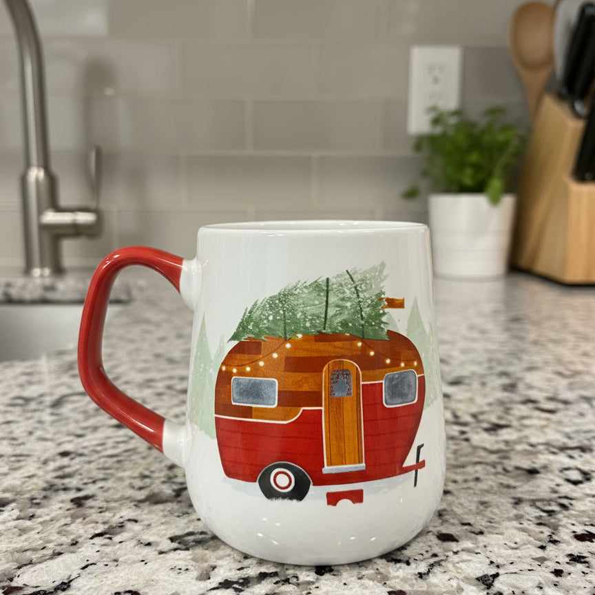 Christmas Coffee Mug Cup Red Truck Holiday Camper Pine Tree Large Cup 4 3/8" Tall