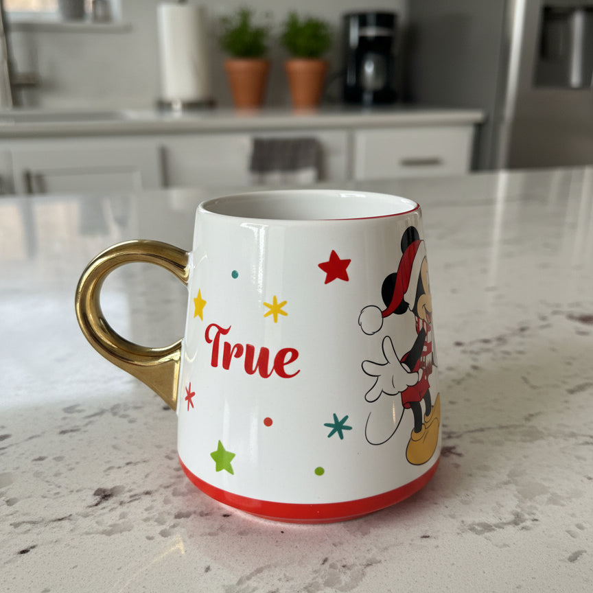 Disney Mickey & Minnie Mouse True Love Coffee Mug Cup Gold Handle Red Interior 4 1/8" Tall