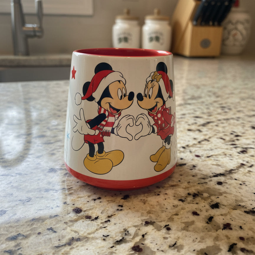Disney Mickey & Minnie Mouse True Love Coffee Mug Cup Gold Handle Red Interior 4 1/8" Tall