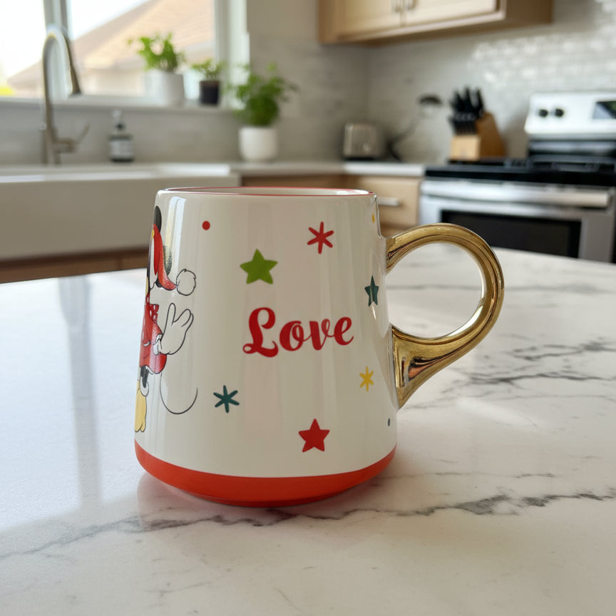 Disney Mickey & Minnie Mouse True Love Coffee Mug Cup Gold Handle Red Interior 4 1/8" Tall