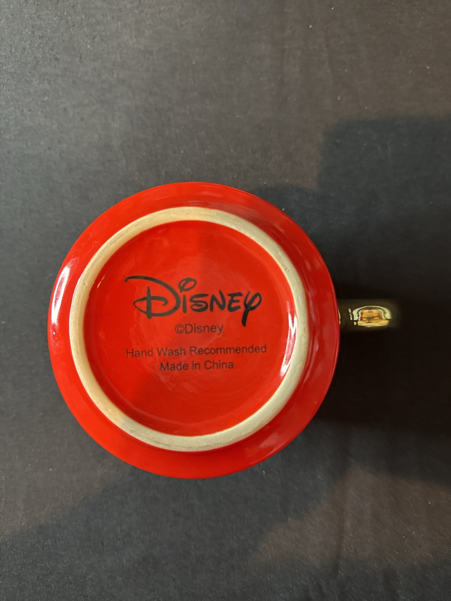 Disney Mickey & Minnie Mouse True Love Coffee Mug Cup Gold Handle Red Interior 4 1/8" Tall