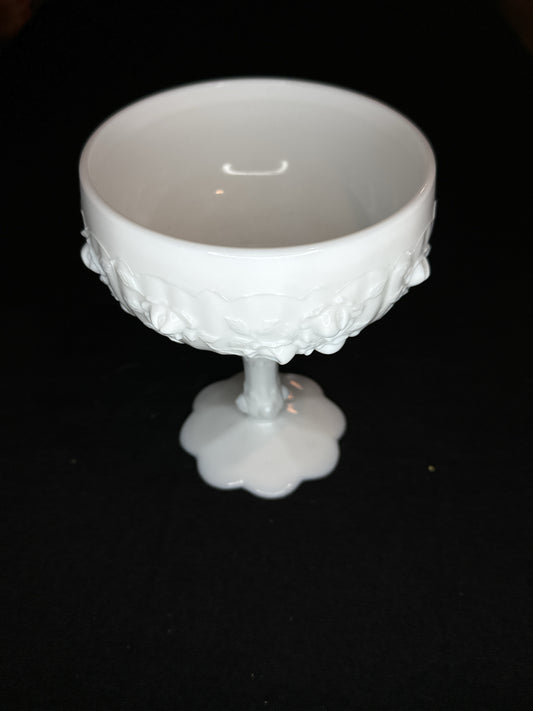 Fenton White Milk Glass Embossed Roses Rosebud Compote #1577