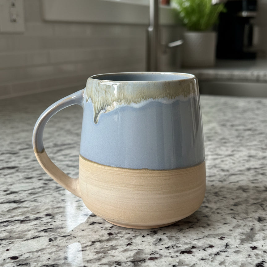 Bosmarlin Blue & Tan Extra large 26oz Ceramic Coffee Cup Mug Reactive Glaze 4 5/8" Tall