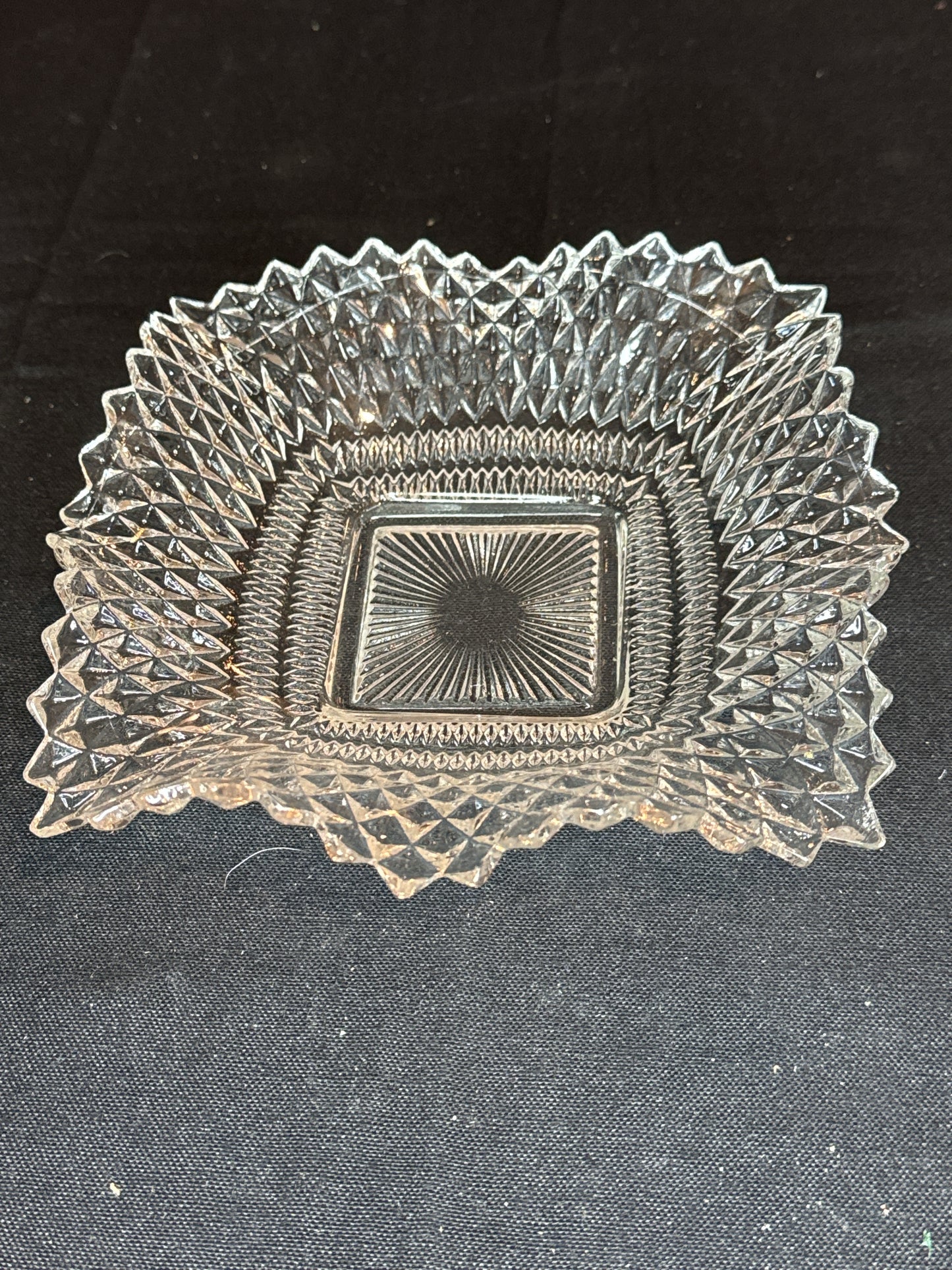 Vintage Indiana Glass Co. Clear Square Ruffled Diamonds Point Candy Nut Dish Bowl