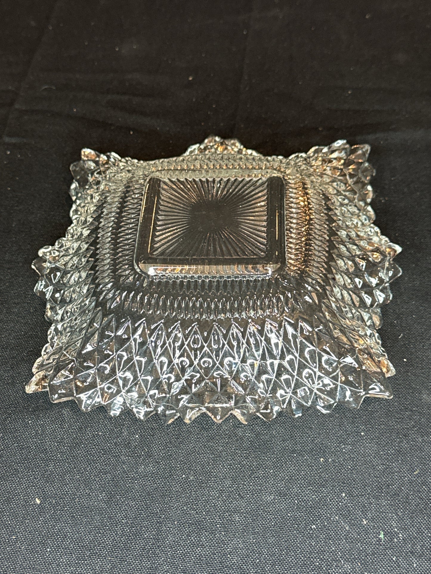 Vintage Indiana Glass Co. Clear Square Ruffled Diamonds Point Candy Nut Dish Bowl