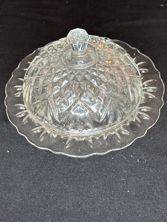 Vintage Anchor Hocking Round Dish Lid Covered Clear Glass Dome Cheese Butter 7"