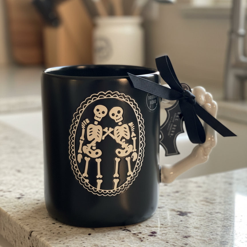 Rae Dunn Besties To The Bone Skeletons Bone Handle Black Coffee Cup Mug New With Tags