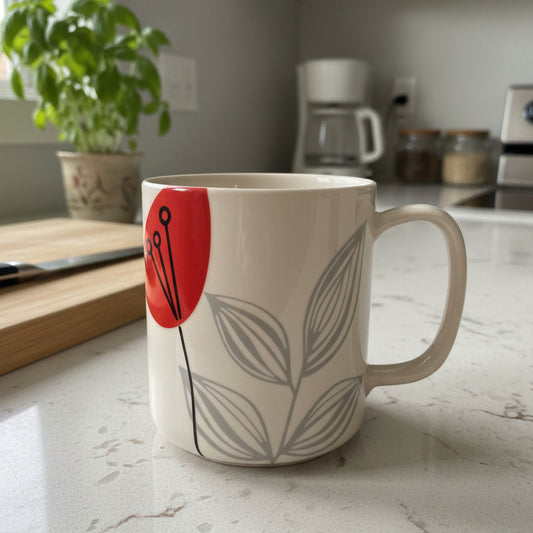 The Cellar Whiteware 16oz Coffee Tea Cup Mug Red Floral Tulip 4" Stems