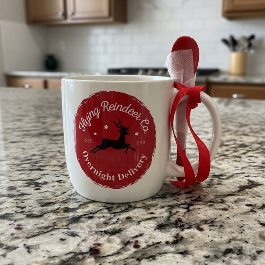 Holiday Time Flying Reindeer Overnight Delivery Coffee Mug Cup 19.6oz 4" Tall New W/ Spoon
