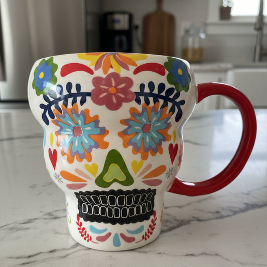 Gibson Home Day Of The Dead Skull Coffee Cup Mug 25oz Multi-Colored W/ Yellow Interior