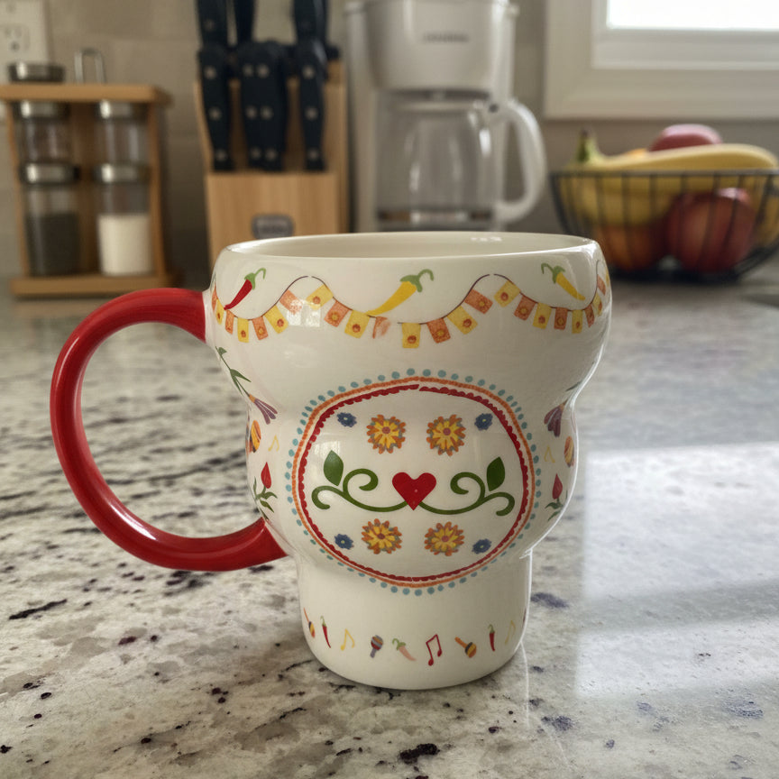 Gibson Home Day Of The Dead Skull Coffee Cup Mug 25oz Multi-Colored W/ Yellow Interior