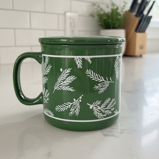 Vintage Hallmark Large Green & White Pine Tree Themed Coffee Cup Mug 4" Tall
