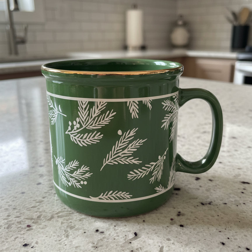 Vintage Hallmark Large Green & White Pine Tree Themed Coffee Cup Mug 4" Tall