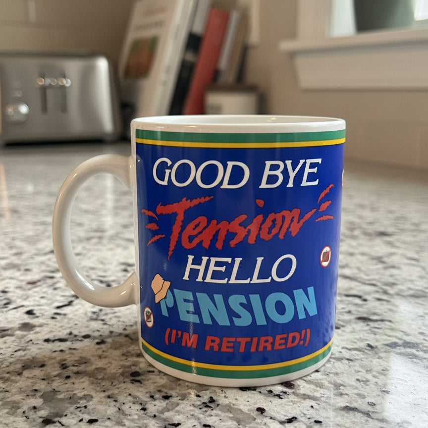 Good Bye Tension, Hello Pension (I'm Retired) Large Coffee Cup Mug 4 3/8" Tall New in Box