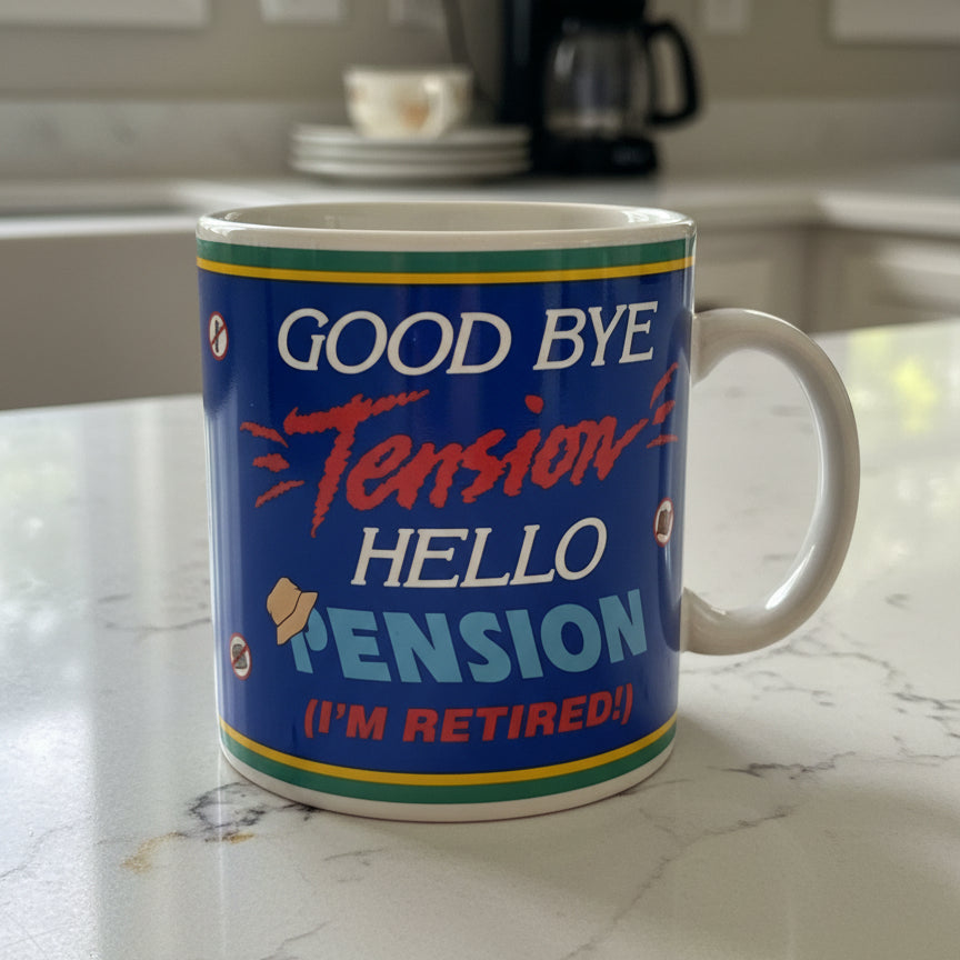 Good Bye Tension, Hello Pension (I'm Retired) Large Coffee Cup Mug 4 3/8" Tall New in Box