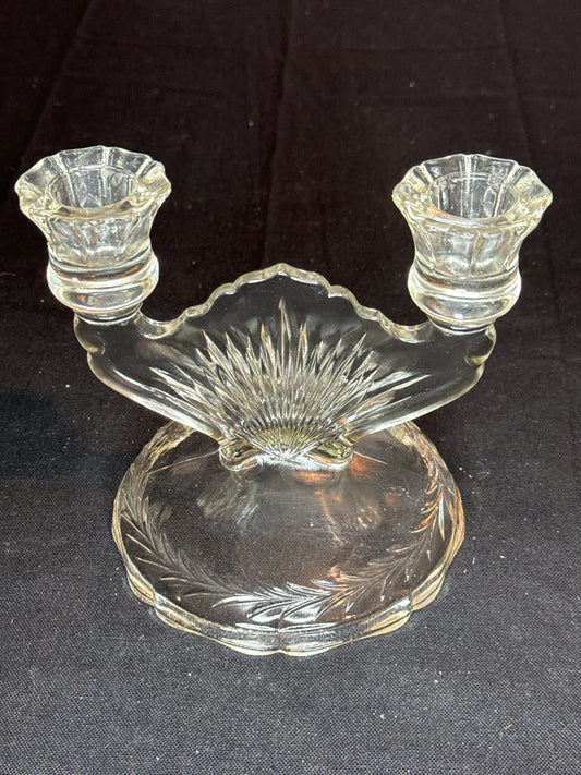 Vintage Jeannette Glass Sunburst Herringbone Etched Double Candle Holder 5.25"