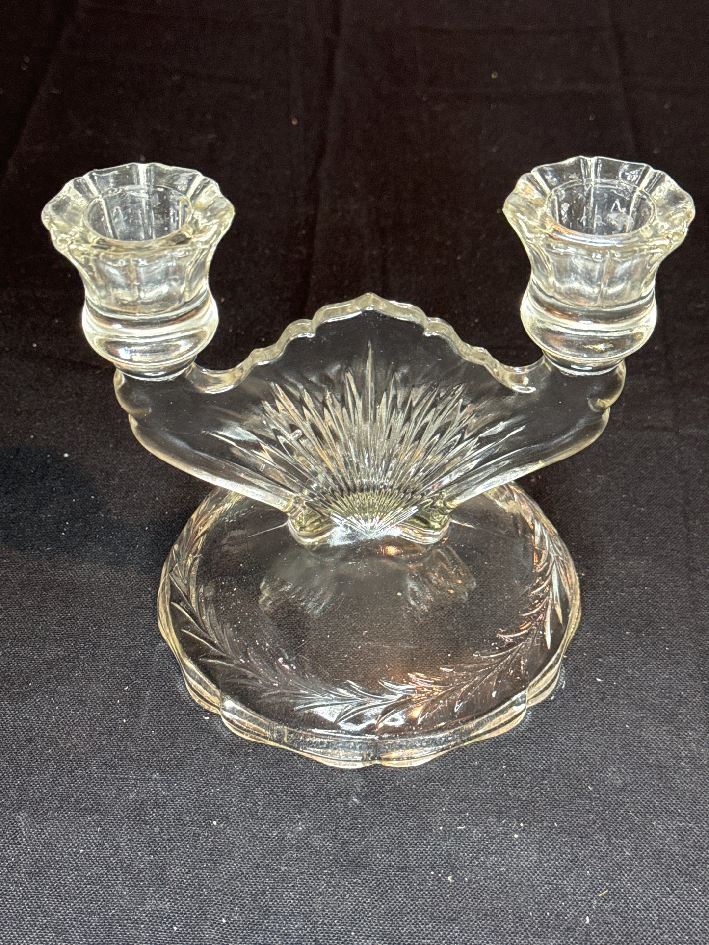 Vintage Jeannette Glass Sunburst Herringbone Etched Double Candle Holder 5.25"