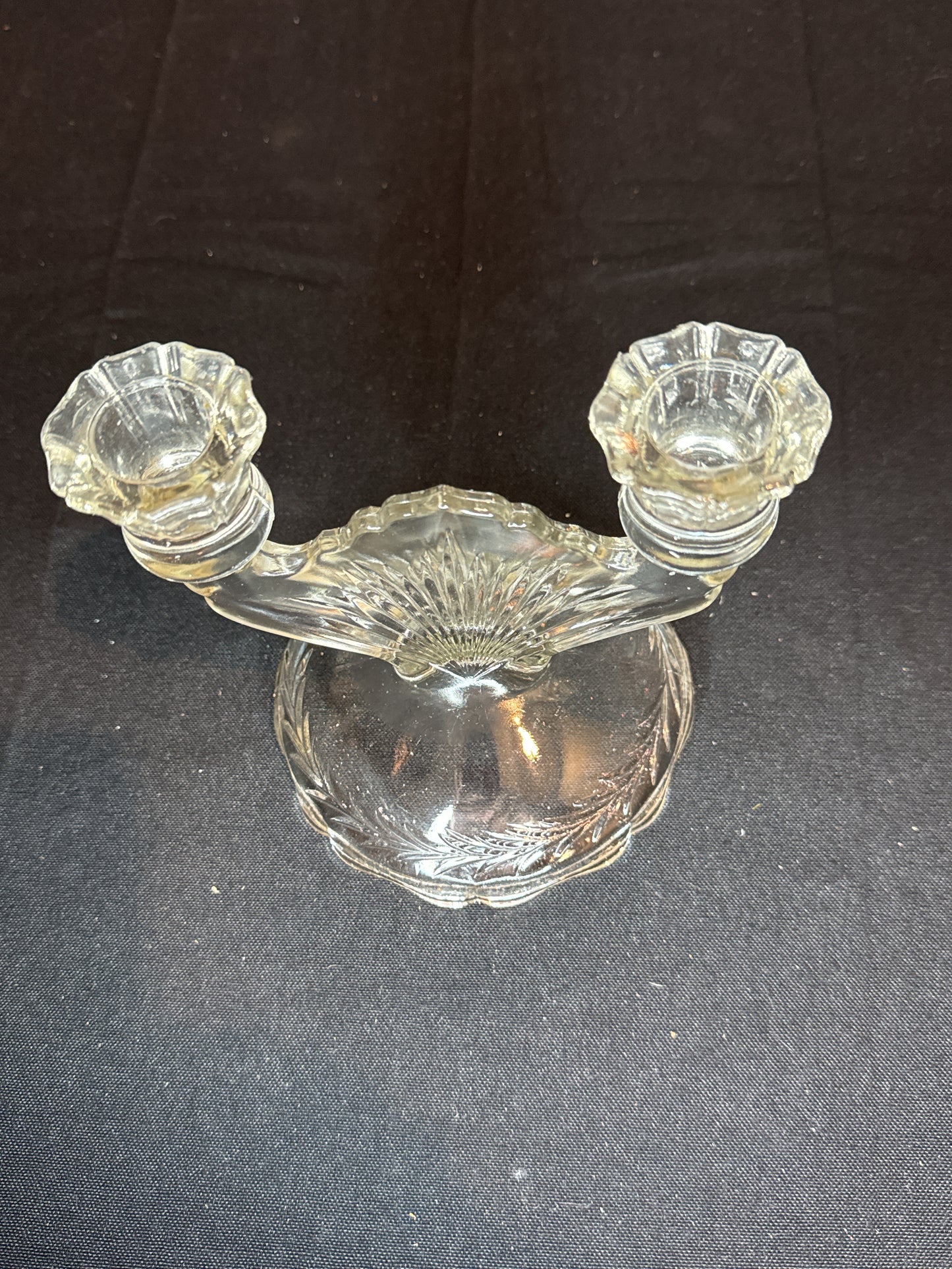 Vintage Jeannette Glass Sunburst Herringbone Etched Double Candle Holder 5.25"