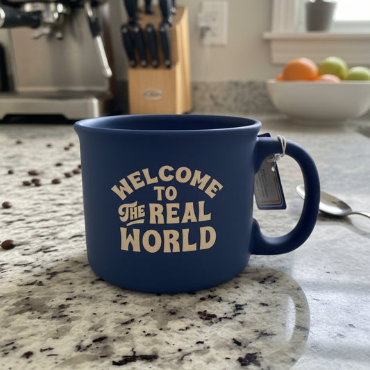 The Adventure Begins Soft Feel Coffee Mug Cup Welcome To The Real World 3 5/8" Tall New