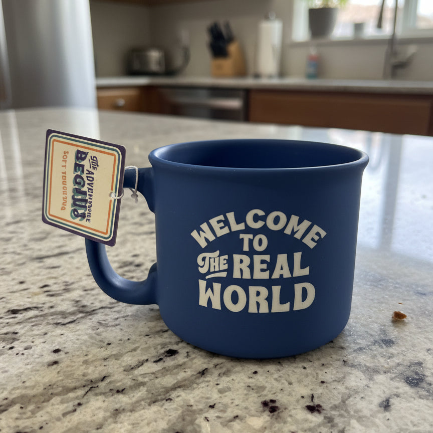 The Adventure Begins Soft Feel Coffee Mug Cup Welcome To The Real World 3 5/8" Tall New