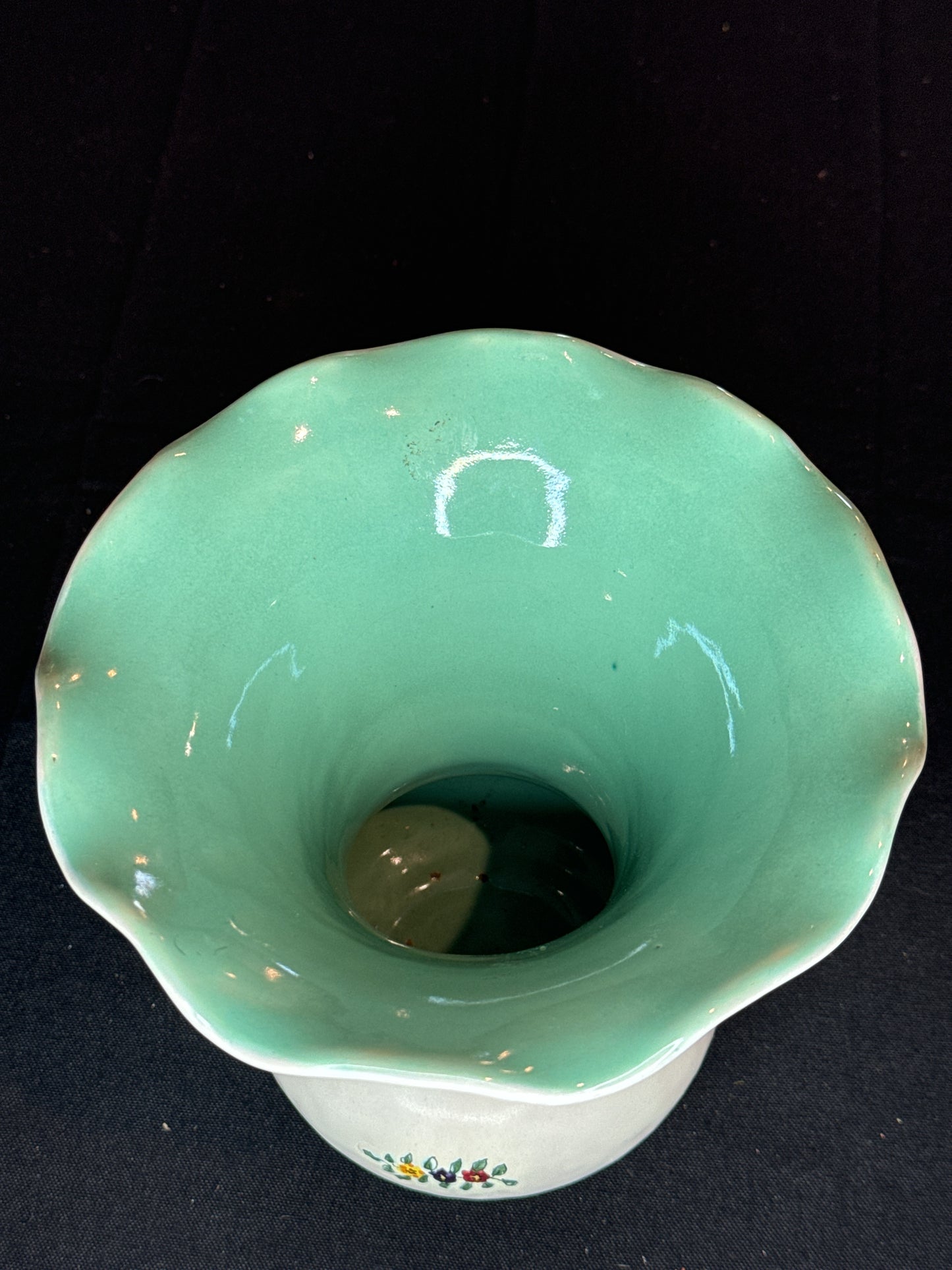 Signed Italy Vanro Vase with Flower Teal Inside Ruffled Vase 7"