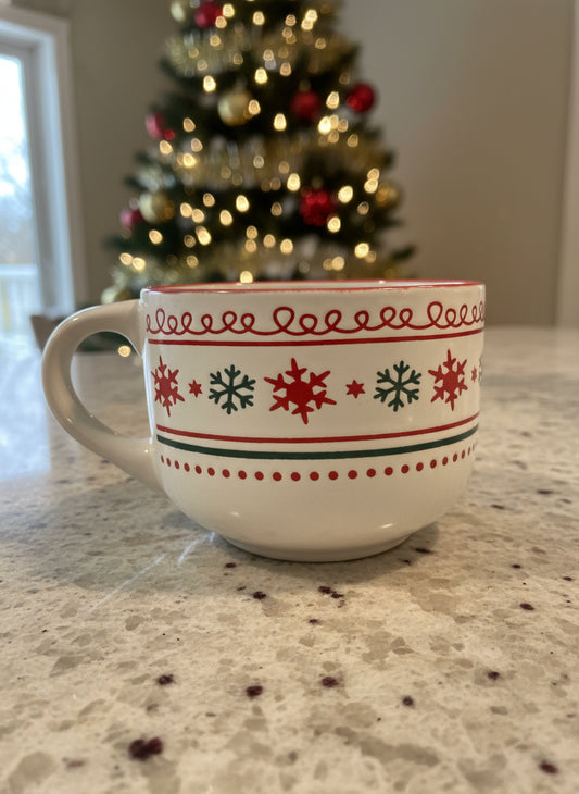 Sleigh Bell Bistro White Red and Green Snowflakes Red Interior Coffee Cup Mug 3.25" Tall