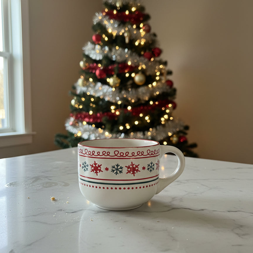 Sleigh Bell Bistro White Red and Green Snowflakes Red Interior Coffee Cup Mug 3.25" Tall