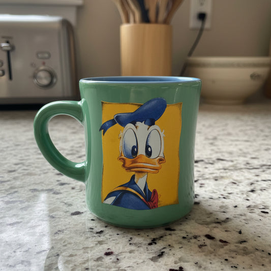Disney Donald Duck Diner Style Coffee Mug Cup Green Outside Yellow Inside Blue Rim 3 7/8"