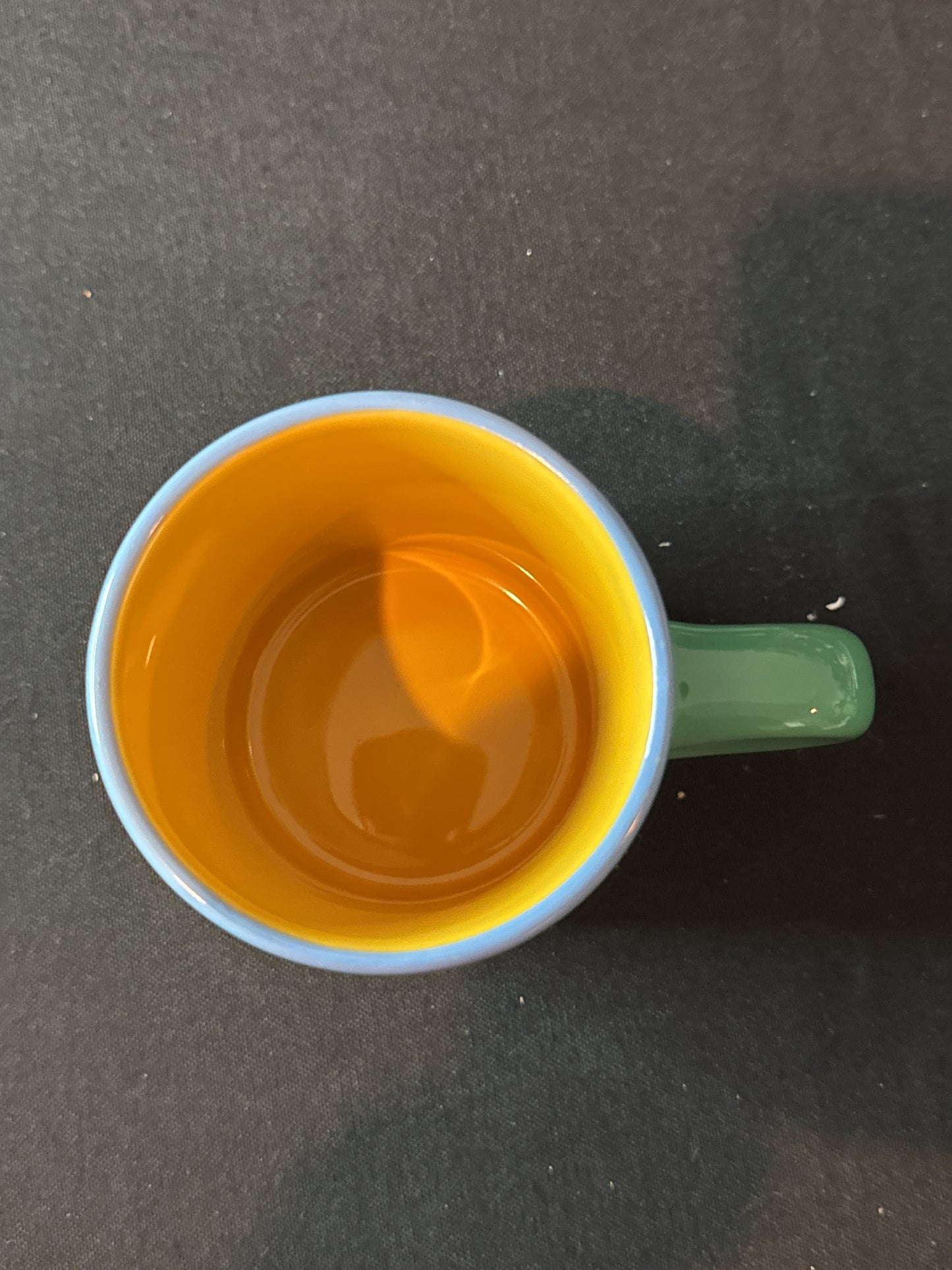 Disney Donald Duck Diner Style Coffee Mug Cup Green Outside Yellow Inside Blue Rim 3 7/8"