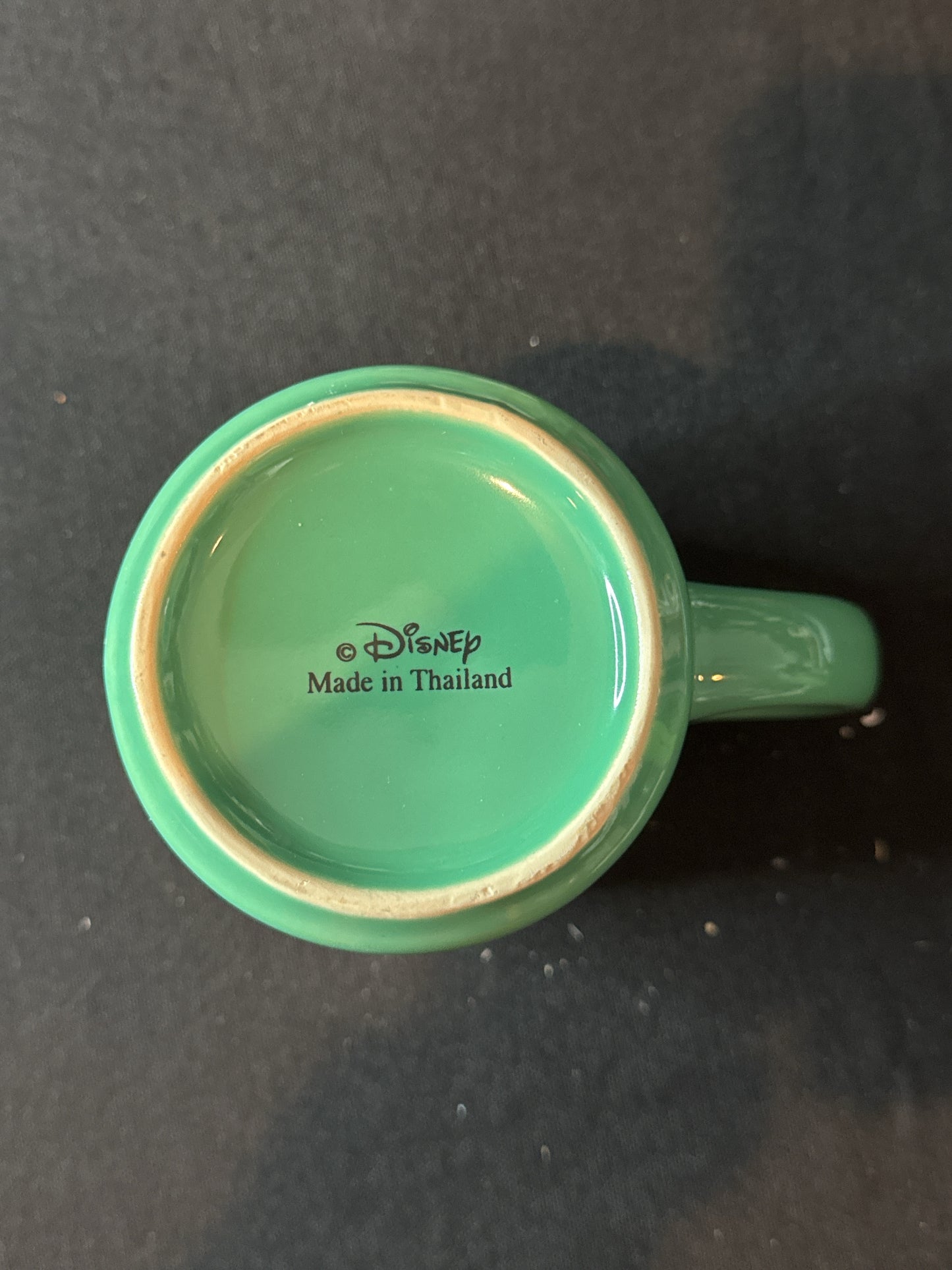 Disney Donald Duck Diner Style Coffee Mug Cup Green Outside Yellow Inside Blue Rim 3 7/8"