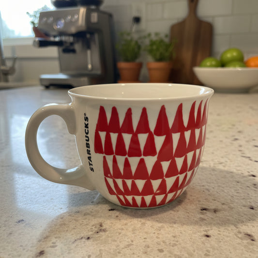 Starbucks 2016 14oz Red & White Christmas Trees Triangles Coffee Mug Cup 3.5" Tall