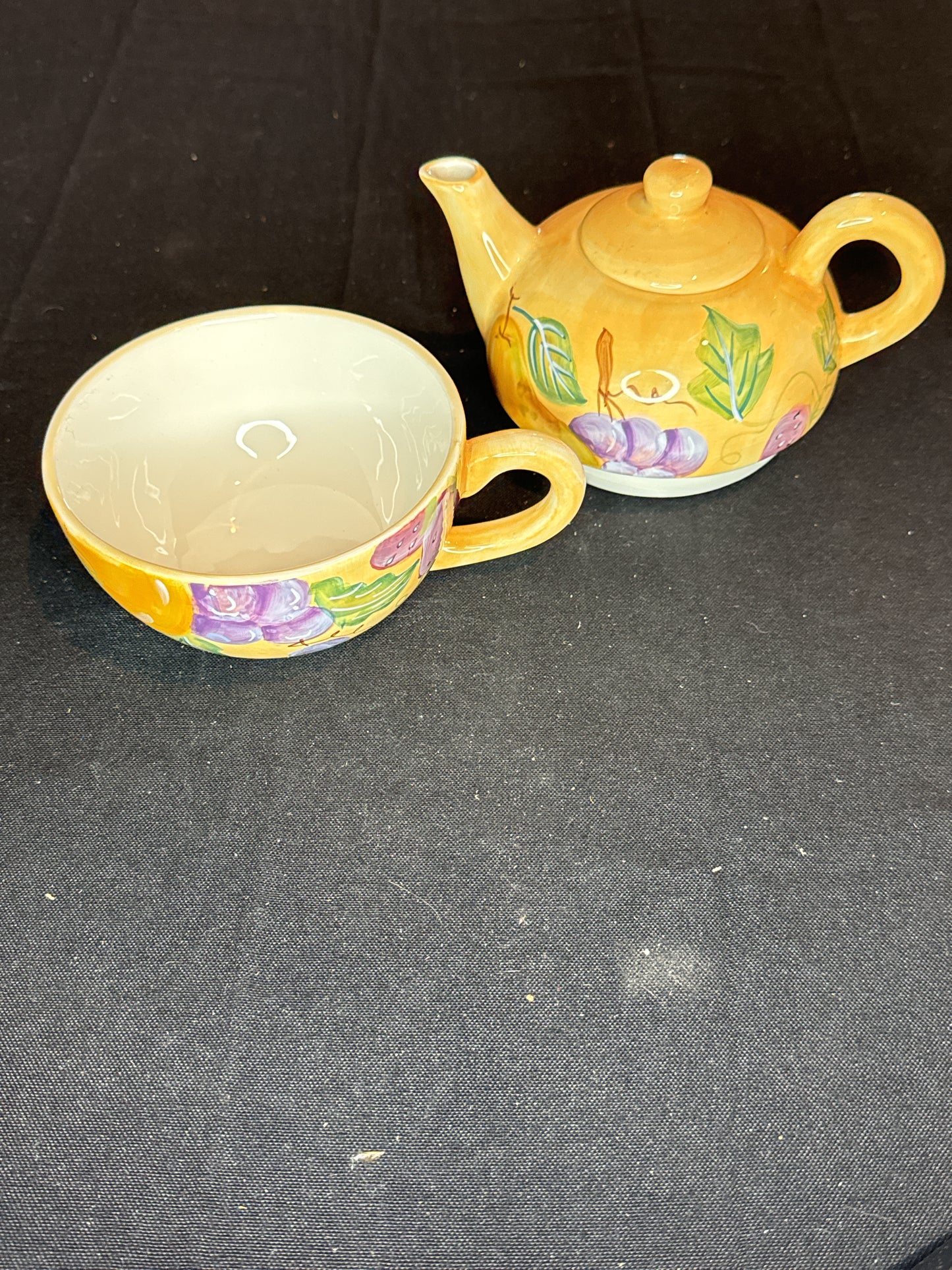 Zrike Teapot For One with Cup Hand Painted Fruits Design Stackable Soft Yellow with Lid