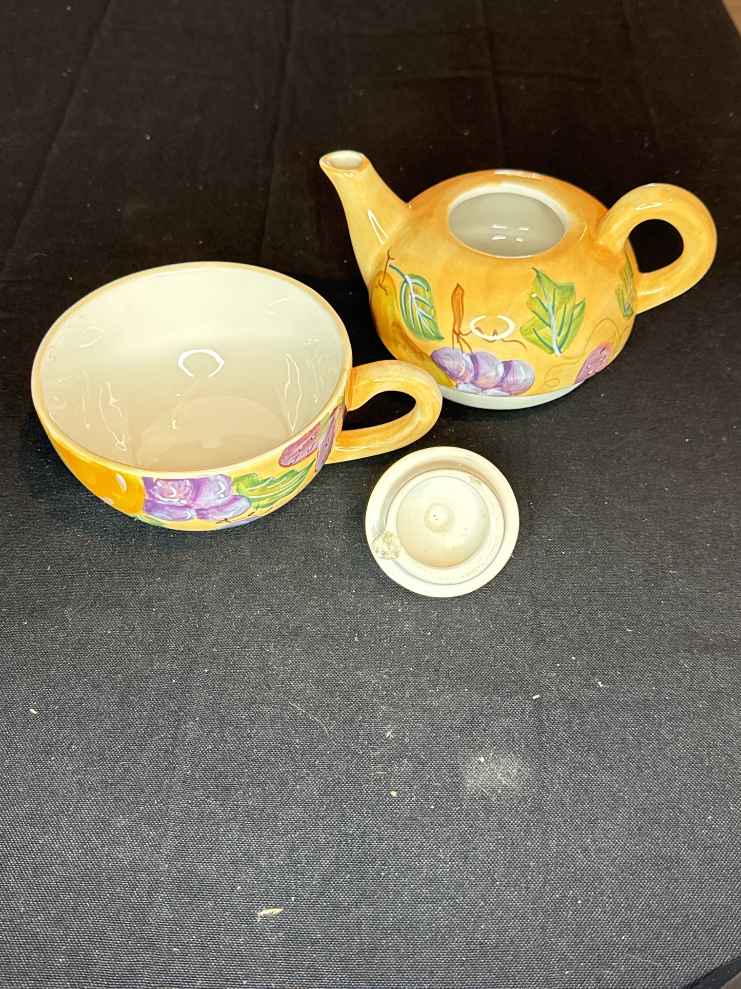 Zrike Teapot For One with Cup Hand Painted Fruits Design Stackable Soft Yellow with Lid