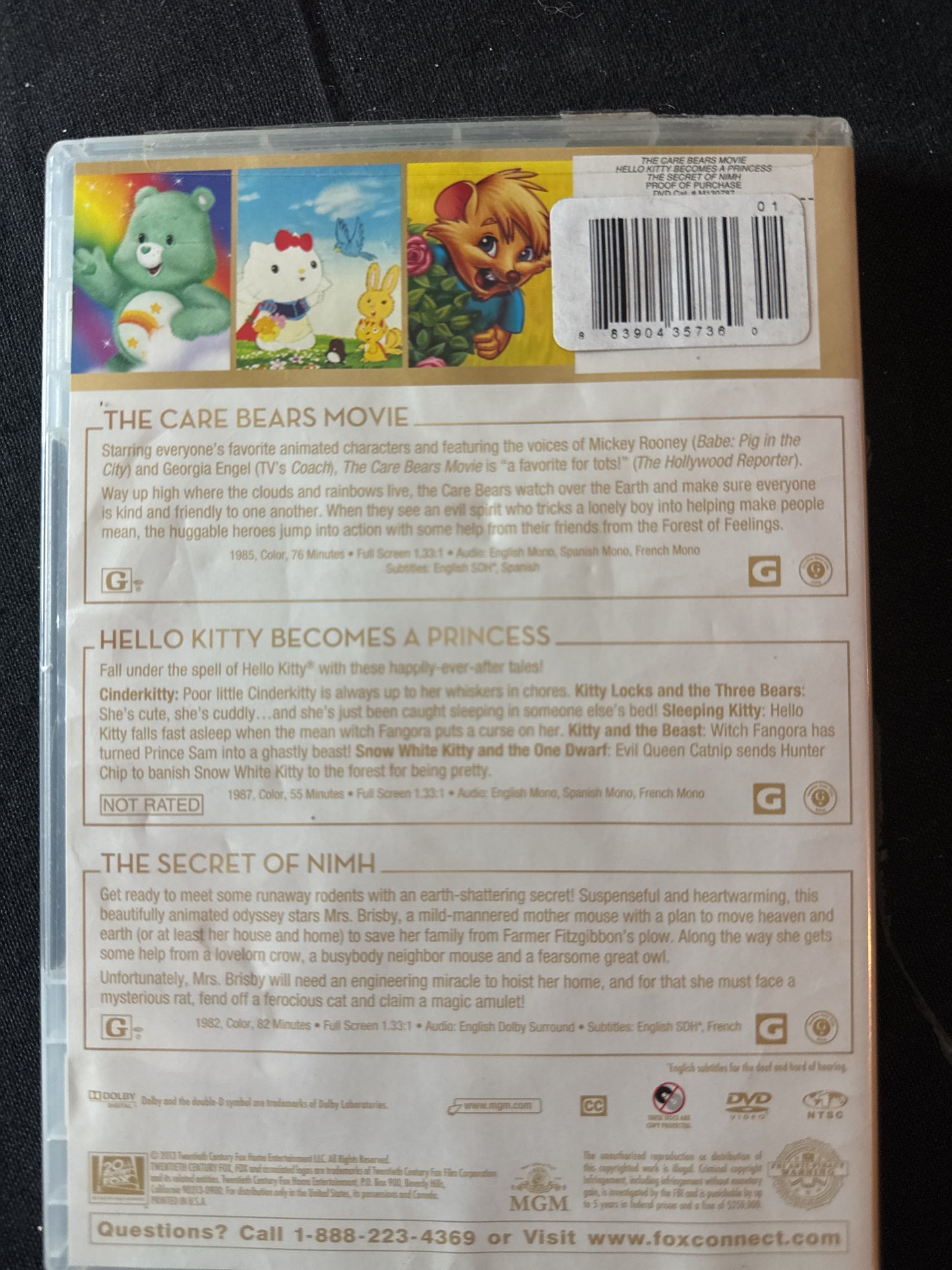 Triple Feature The Care Bears Movie, Hello Kitty Becomes a Princess, The Secret of Nimh DVDs