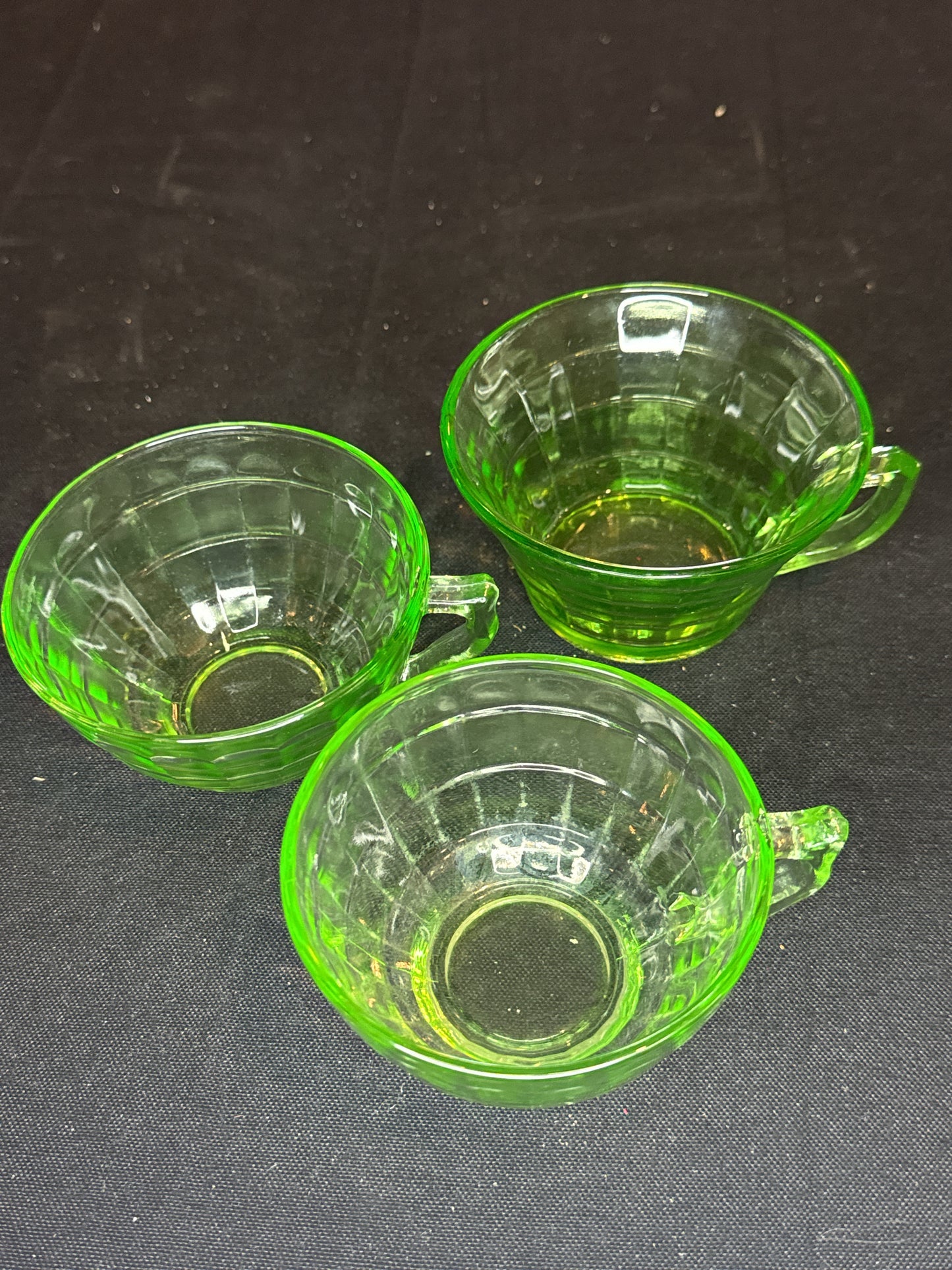 Set of 3 Vintage Hocking Glass Company - Green Depression Glass - Vaseline - Block Optic Tea Cups Uranium