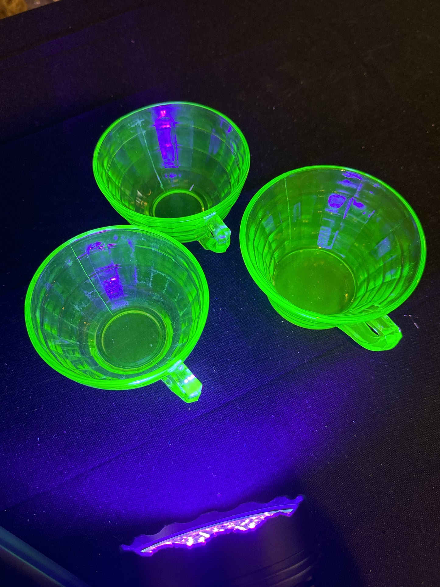 Set of 3 Vintage Hocking Glass Company - Green Depression Glass - Vaseline - Block Optic Tea Cups Uranium