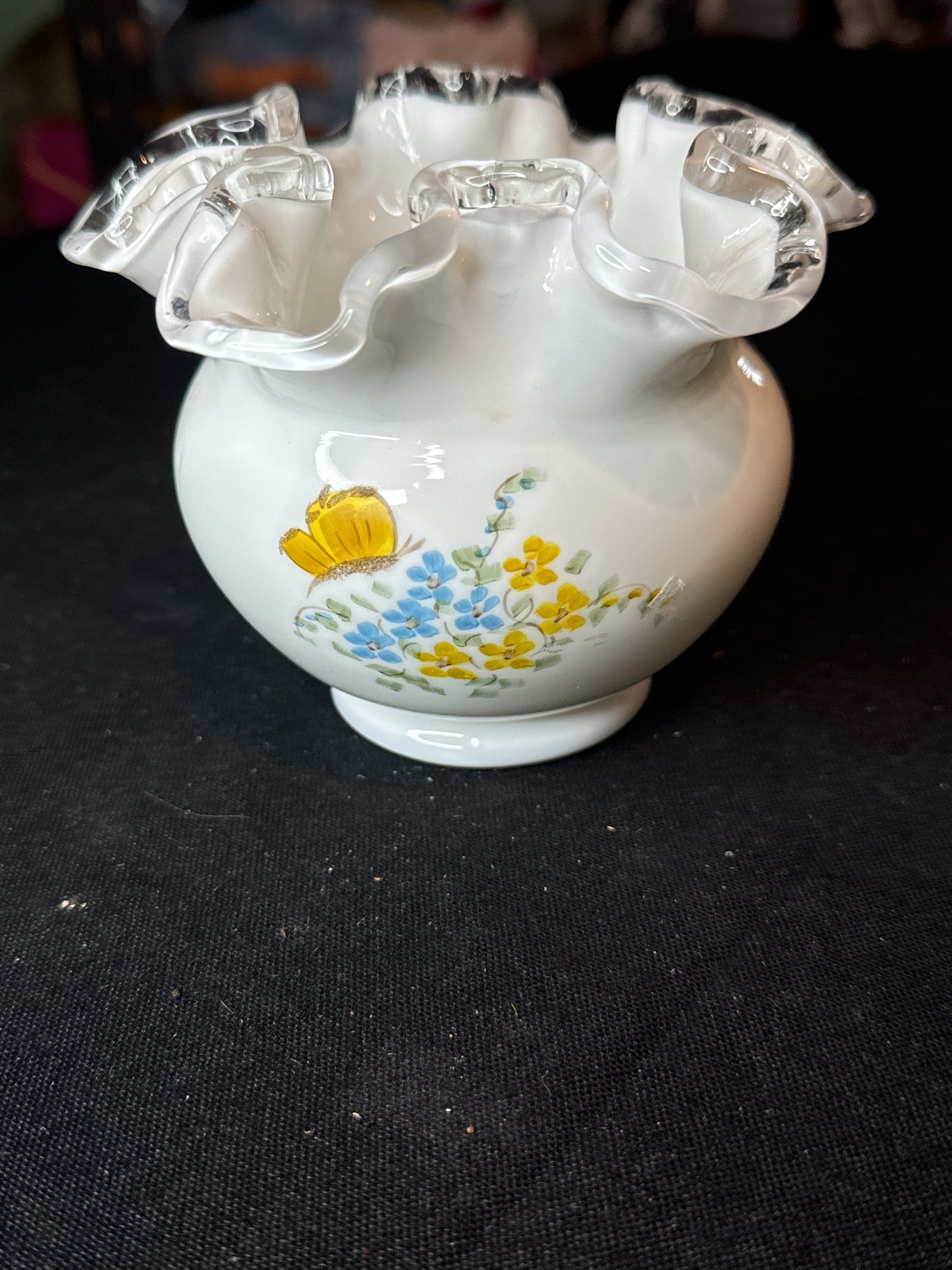 Fenton Accents Hand Painted Butterfly Bud Vase, Vintage Milk Glass with Ruffle Signed by Artist