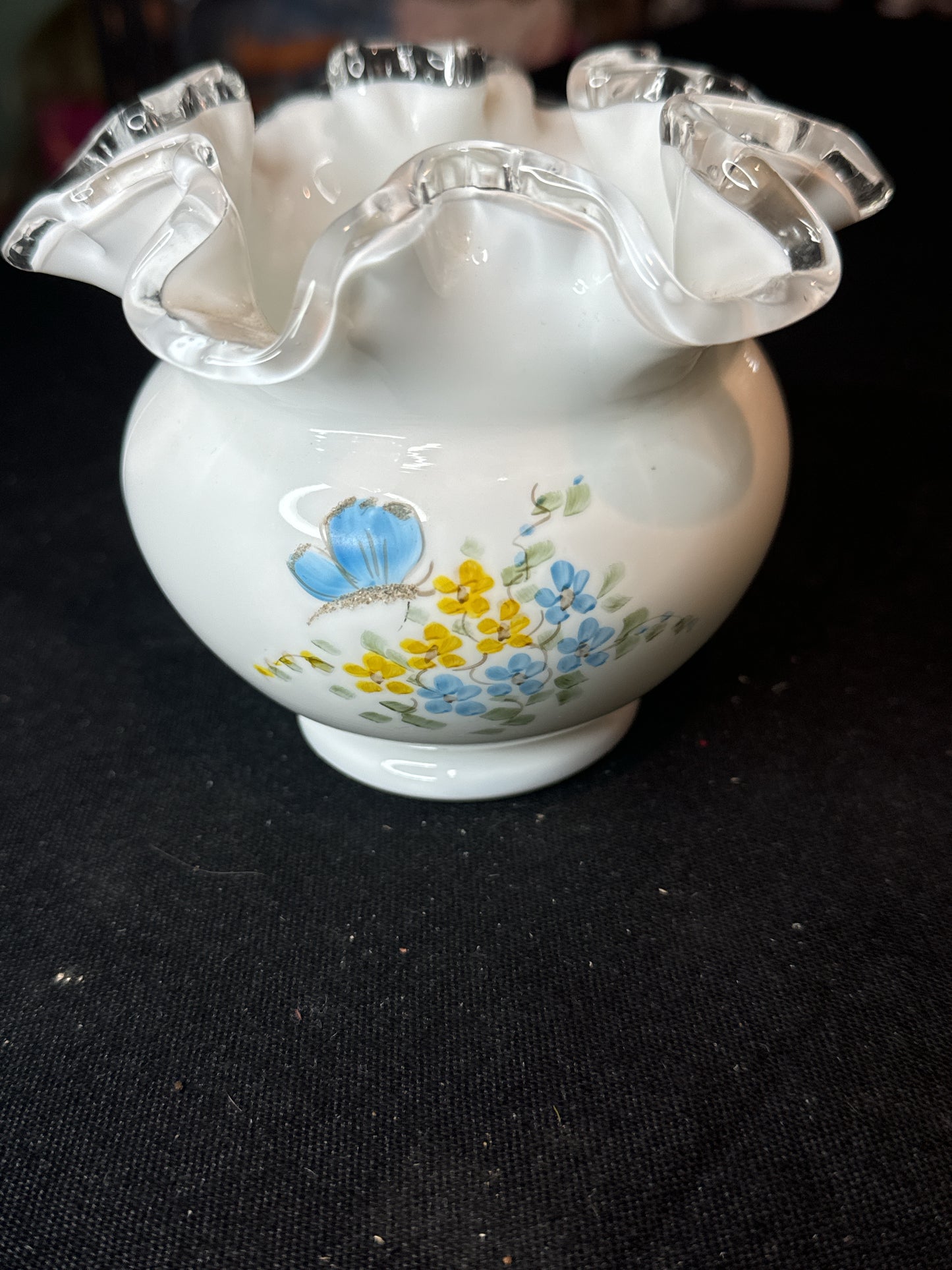 Fenton Accents Hand Painted Butterfly Bud Vase, Vintage Milk Glass with Ruffle Signed by Artist