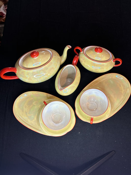 Union T Vintage Czech-Slovakia Lustreware Tea Set, 2315 Iridescent Red Trim