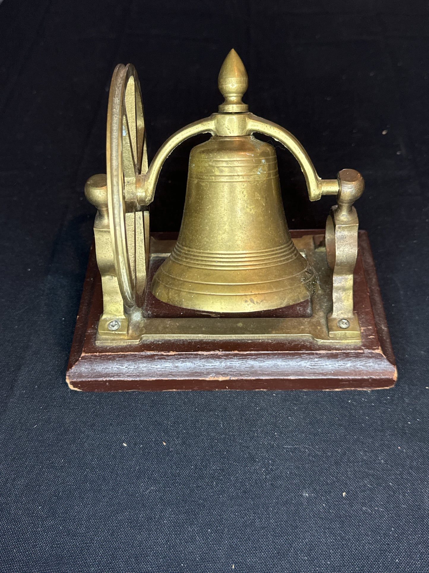 Vintage Brass Bell Ship School on Plaque Stand 7" Tall