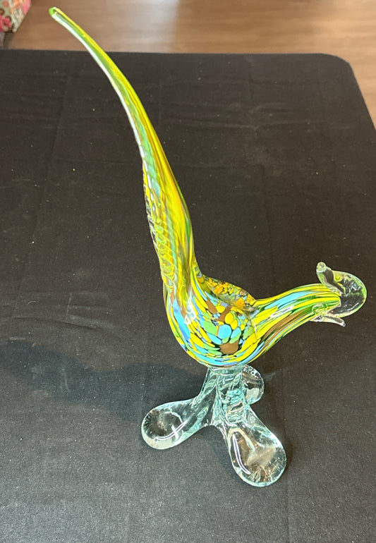 50s 14" Murano Style Blue and Yellow Glass Roadrunner Pheasant Rooster Bird Figurine Base