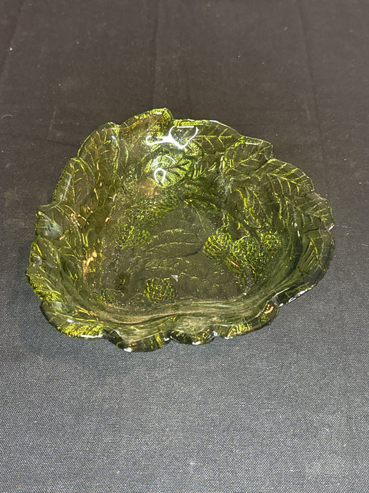 Vintage Green Indiana Glass Loganberry Raised Berries & Leaves Candy Bowl Dish 7.25"