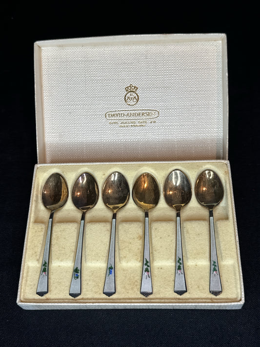 David-Anderson, Norway, Vermeil Sterling White Floral Guilloche Demitasse Spoons