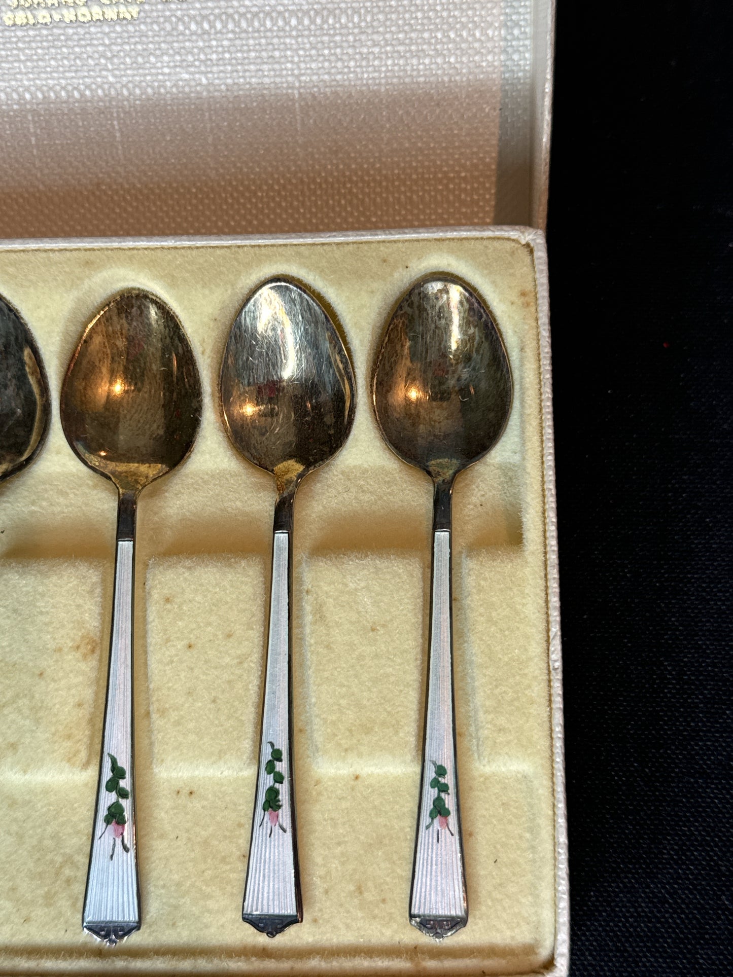 David-Anderson, Norway, Vermeil Sterling White Floral Guilloche Demitasse Spoons