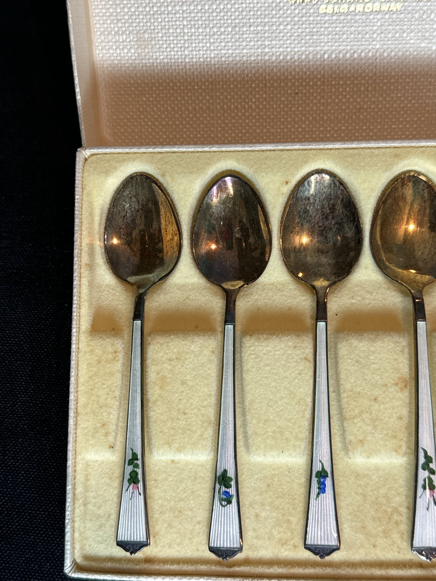 David-Anderson, Norway, Vermeil Sterling White Floral Guilloche Demitasse Spoons