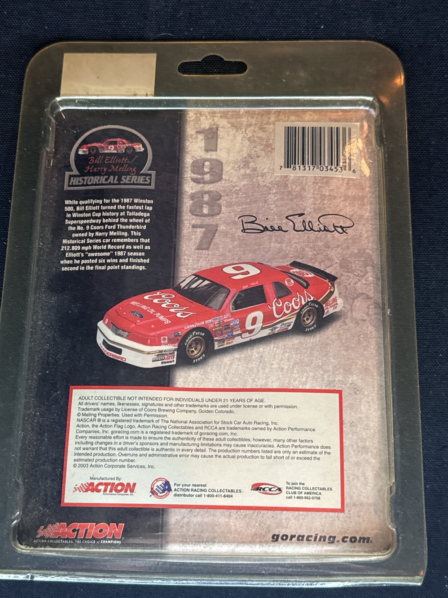 1987 Bill Elliott 1:64 Scale Coors "World Record 212 mph" Thunderbird on Clear Base NIB